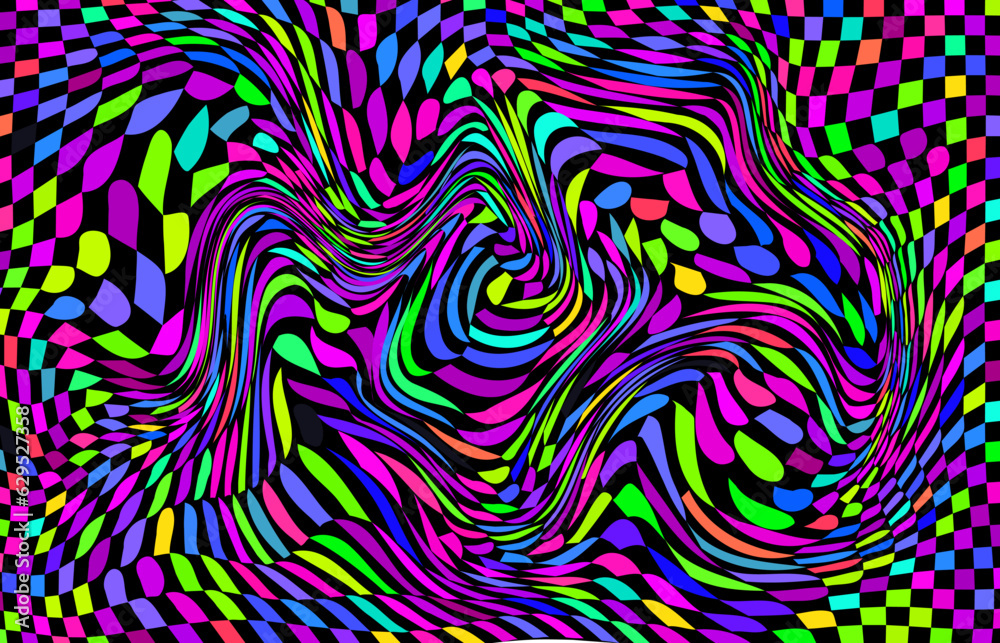 Distorted twisted checkered background. Trippy strip psychedelic pattern. Distorted twisted checkered background. Trippy strip psychedelic pattern.