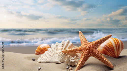 Beautiful sandy beach with starfish and shells for poster  banner