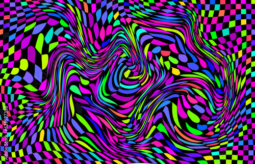 Distorted twisted checkered background. Trippy strip psychedelic pattern.