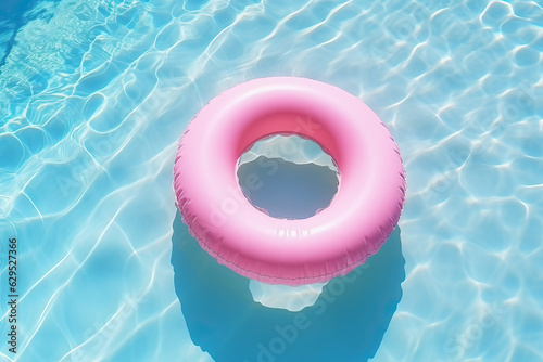 Summer fun in the pool - pink rubber ring floating on blue water