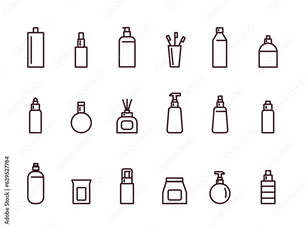 18 Set of outlined icons. Cosmetics bottles. Fragrance. Soap. Toothbrush. Bathroom. 18 Set of outlined icons. Cosmetics bottles. Fragrance. Soap. Toothbrush. Bathroom.