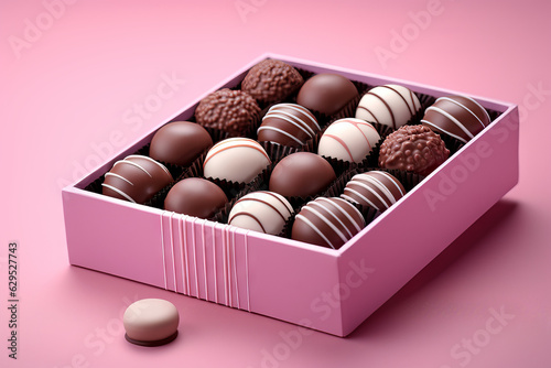 Open box of delicious chocolate candies on a pastel background © Guido Amrein