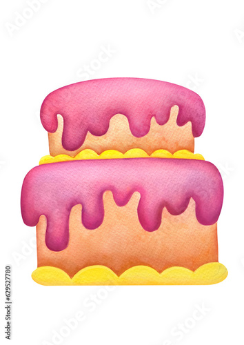 two tiered cake with dripping pink cherry icing, sponge cakes and strawberry cream. art isolated on transparent background. Suitable for bakery menus, pastry shops, holiday booklets, stickers