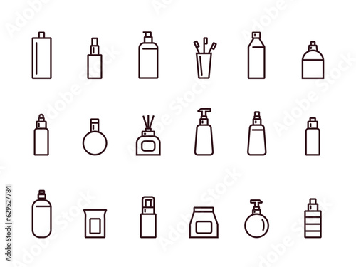 18 Set of outlined icons. Cosmetics bottles. Fragrance. Soap. Toothbrush. Bathroom.