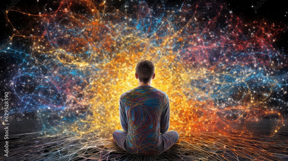 Human meditate, yoga. Psychic human considers mind and heart. Spirituality, esotericism, with bokeh defocused lights. universe, Psychic waves concept, Generative AI illustration Human meditate, yoga. Psychic human considers mind and heart. Spirituality, esotericism, with bokeh defocused lights. universe, Psychic waves concept, Generative AI illustration