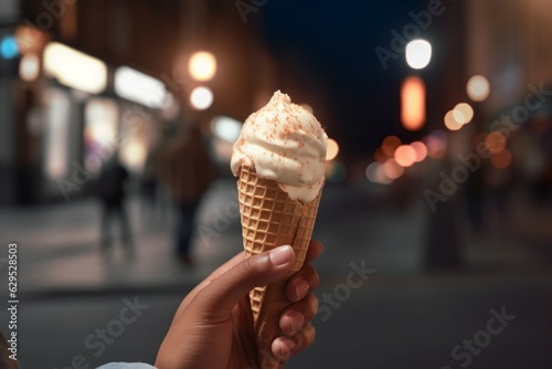 Hand ice cream city. Generate Ai