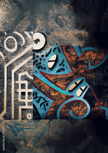  illustrazione con graffiti, simboli etnici, pittogrammi, realizzati in tecniche miste su sfondi materici, astrazione e simbolismo