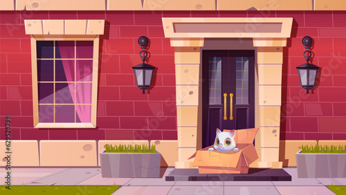 Homeless cat sitting in cardboard box on house porch in sunny weather. Vector cartoon illustration of cute fluffy white kitten waiting new master near house door, looking for home. Pet adoption
