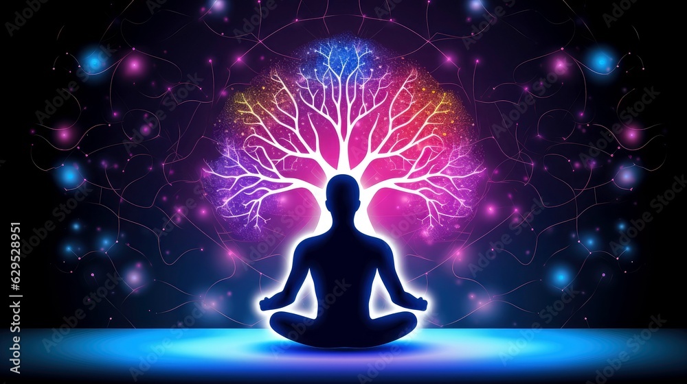 Human meditate, yoga. Psychic human considers mind and heart. Spirituality, esotericism, with bokeh defocused lights. universe, Psychic waves concept, Generative AI illustration Human meditate, yoga. Psychic human considers mind and heart. Spirituality, esotericism, with bokeh defocused lights. universe, Psychic waves concept, Generative AI illustration