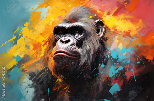 Enigmatic Gorilla Portrait - AI Masterpiece: An enigmatic AI-generated stock photo capturing the essence of a gorilla in a captivating and colorful portrait.