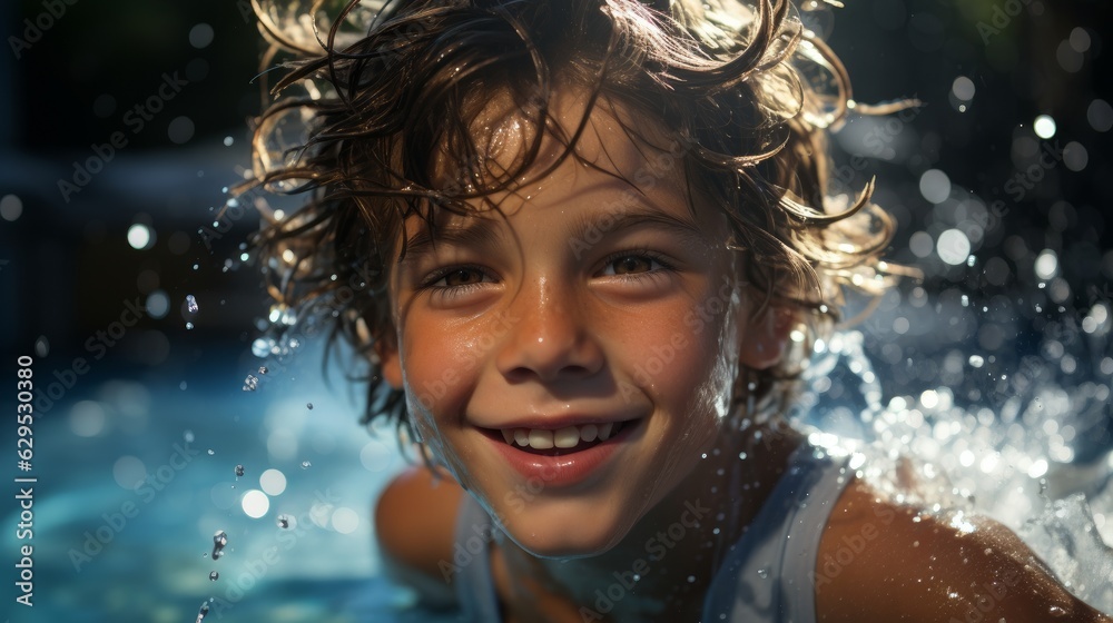 Portrait of a joyful boy swimming in water. Concept of happiness and excitement. Generative AI Portrait of a joyful boy swimming in water. Concept of happiness and excitement. Generative AI