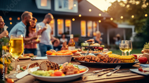 Backyard Dinner Table with Tasty Grilled Barbecue Meat  Fresh Vegetables and Salads. Happy Joyful People Dancing to Music  Celebrating and Having Fun in the Background on House Porch. Generative AI.