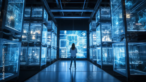 Successful Female Data Center IT Specialist Using Tablet, Augmented VFX Visualization on Server Farm Cloud Computing Facility. System Engineer Working for Cyber Data Security. Generative AI.
