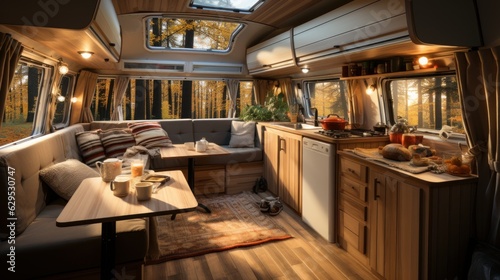 Cozy interior of a kitchen in a trailer. Travel concept. Generative AI © ColdFire