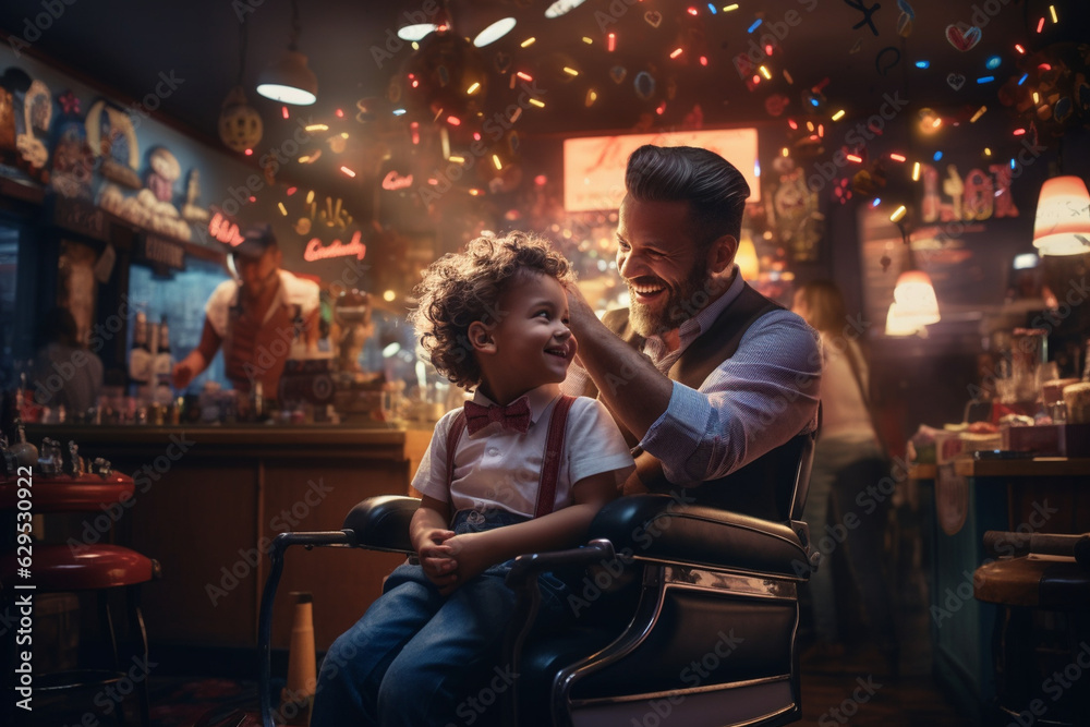 from behind a visually delightful scene of the barbershop stylist welcoming children with a playful atmosphere, surrounded by bokeh lights, making grooming fun for the little ones. Generative AI from behind a visually delightful scene of the barbershop stylist welcoming children with a playful atmosphere, surrounded by bokeh lights, making grooming fun for the little ones. Generative AI