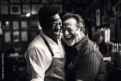 from behind a heartwarming bokeh-laden photo of the barbershop stylist sharing a laugh with a longtime customer, showcasing the strong bond built through their visits. Generative AI photo