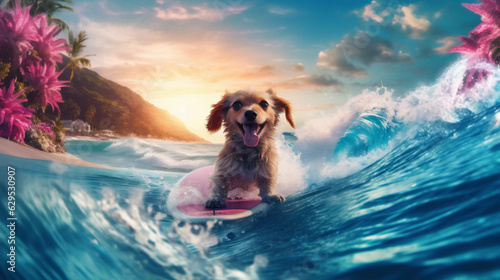 dog ocean animal wave summer vacation surfer puppy beach funny. Generative AI.