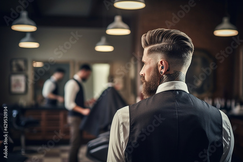 from behind an elegant bokeh-inspired barbershop stylist portfolio, showcasing their best works, from classic cuts to trendy styles, capturing their artistic vision. Generative AI
