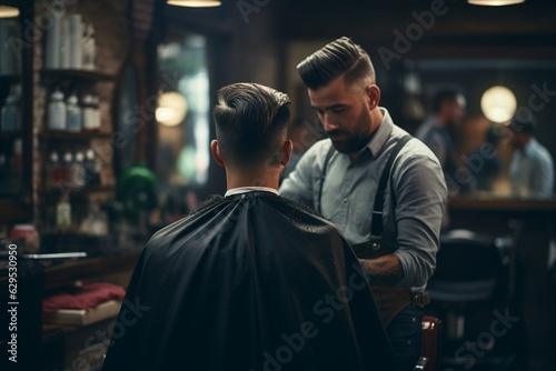 from behind a bokeh-filled video montage of satisfied customers leaving the barbershop with fresh haircuts, showcasing the stylist's talent and the joy they bring to others. Generative AI © Maksym