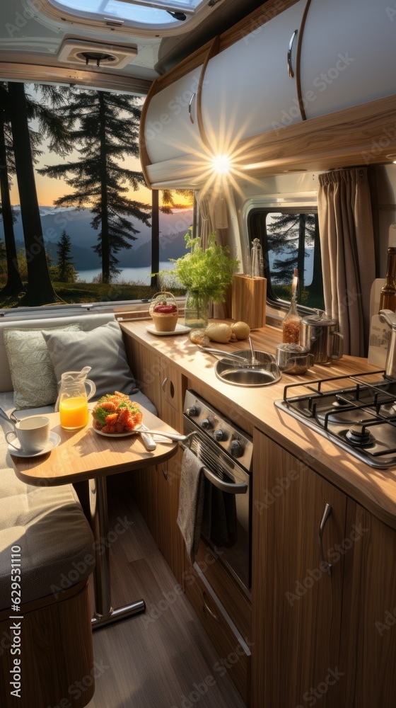 Cozy interior of a kitchen in a trailer. Travel concept. Generative AI