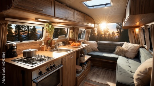 Cozy interior of a kitchen in a trailer. Travel concept. Generative AI