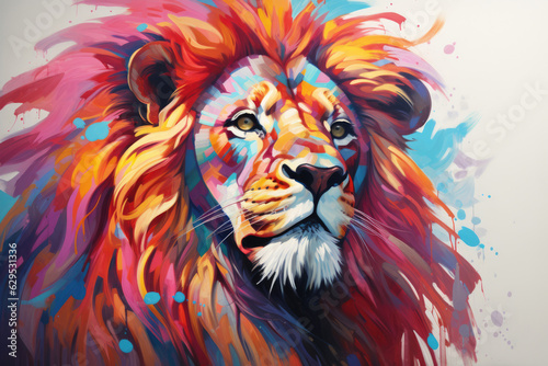 Serenity of Colorful Lion - AI Artistry  AI enhances the serenity with a brilliantly colored lion set against a captivating backdrop  creating a calming and harmonious visual.