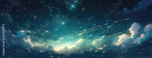 Aqua blue Heavenly sky. Sky of shooting stars, meteor shower, wide format background illustration. Space spectacle. Hand edited generative AI. 