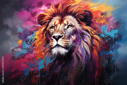 AI-Generated Colorful Lion  An AI-crafted image featuring a majestic lion set against a vibrant and colorful background  creating a captivating and visually striking scene.