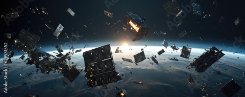 Space junk, space debris, floating in space, or earth atmosphere. galactic junk. Hand edited generative AI. photo