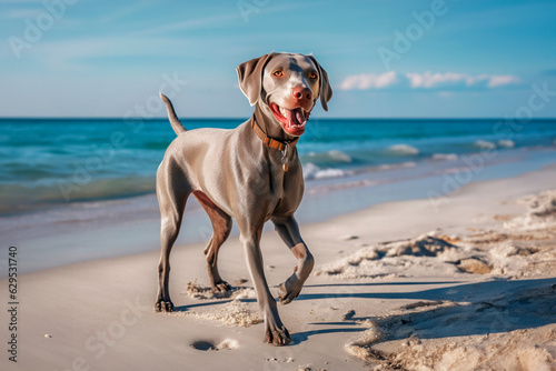 Happy dog weimaraner labrador gray color walks along the sandy beach of the ocean, sunny summer day.