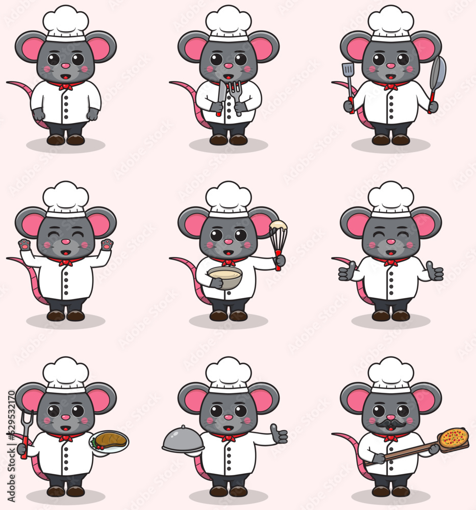 Vector Illustration of Cute Mouse wearing chef uniform. Flat Cartoon Style. Set of Cute Animal Characters in Chef Uniform. Vector illustration in isolated background Vector Illustration of Cute Mouse wearing chef uniform. Flat Cartoon Style. Set of Cute Animal Characters in Chef Uniform. Vector illustration in isolated background