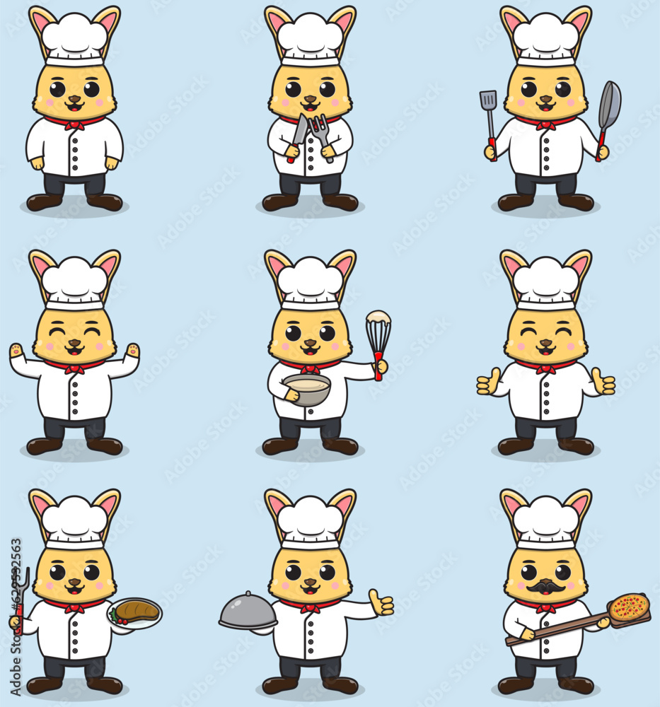 Obraz premium Vector Illustration of Cute Rabbit wearing chef uniform. Flat Cartoon Style. Set of Cute Animal Characters in Chef Uniform. Vector illustration in isolated background
