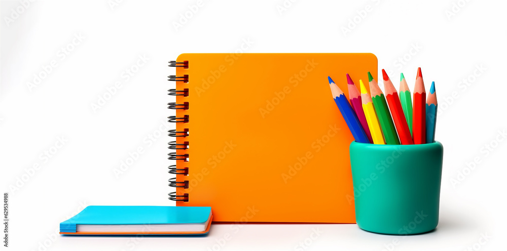 Fototapeta premium orange notebook with pens and white background, ai generated