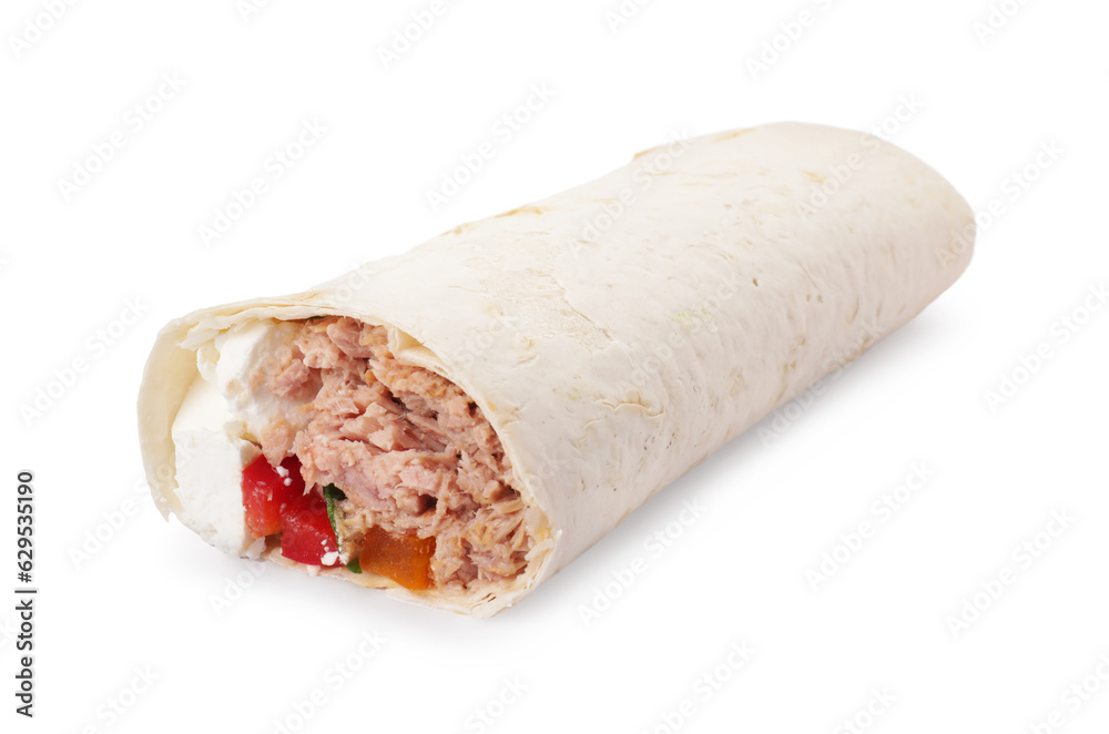 Delicious tortilla wrap with tuna isolated on white Delicious tortilla wrap with tuna isolated on white