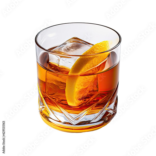 Sazerac Cocktail in Lowball Glass with Lemon Peel isolated on transparent background. Generative AI.