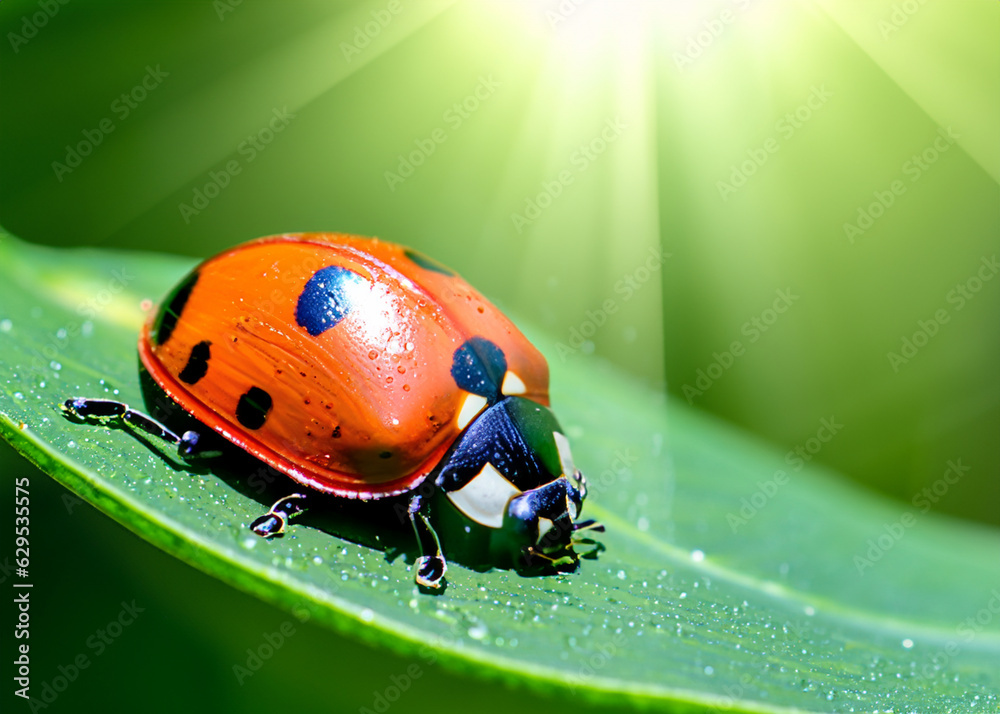 Fototapeta premium abstract close up or macro photo of a lady bug on green natural background, ecology and environment concept created with generative ai technology