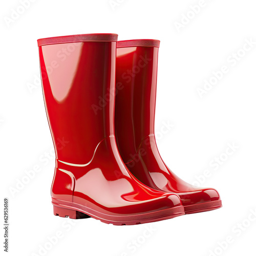 Glossy Black Rain Boots with Red Interior Lining isolated on transparent background. Generative AI.