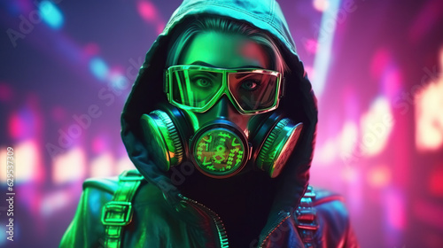 Leinwand Poster Fashion cyberpunk girl in leather hoodie jacket wears gas mask with protective g