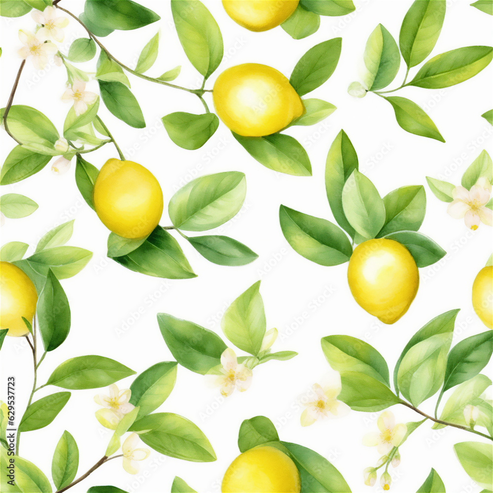 Beautiful seamless pattern yellow lemons and flowers on white background in vintage style.