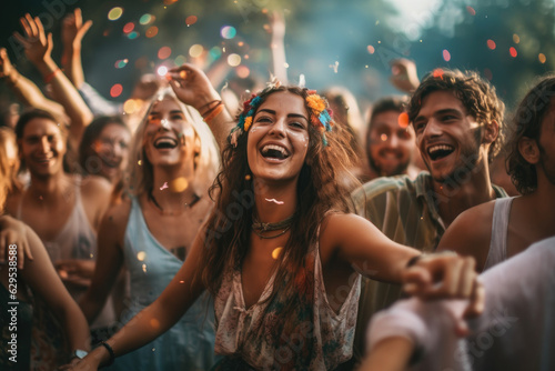 Photographie An image of a diverse group of friends at a summer music festival, dancing and e