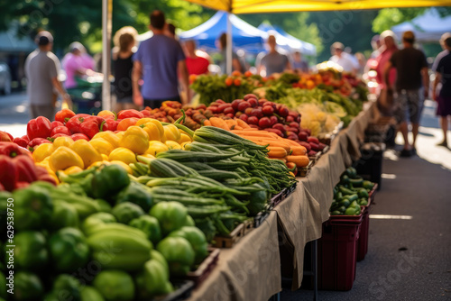 Photographie A bustling farmer's market scene with a diversity of vendors and customers, fill