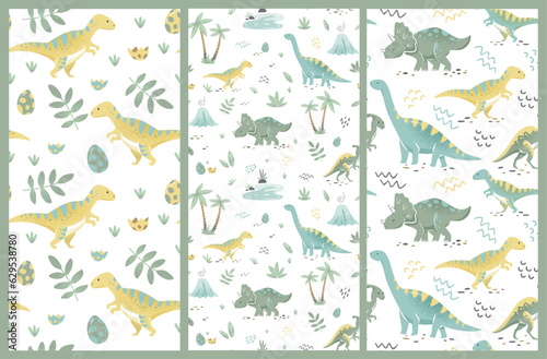 Semless pattern of newborn green baby dinosaurs. Hand drawn brontosaurus, tyrannosaurus, and triceratops for textiles, fabrics, baby shower invitations, posters. Vector cartoon flat illustration