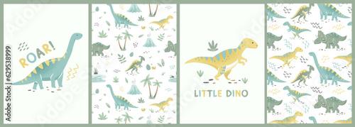 Baby birthday cards, invitations, green baby dinosaurs. Hand drawn brontosaurus, tyrannosaurus, and triceratops for birthday greeting cards, posters. Vector cartoon flat illustration
