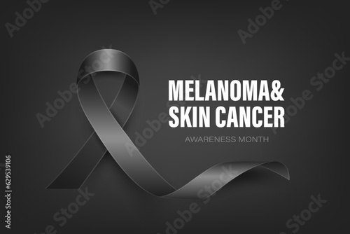 Melanoma, Skin Cancer Banner, Card, Placard with Vector 3d Realistic Black Ribbon on Black Background. Melanoma, Skin Cancer Awareness Month Symbol Closeup, May. World Melanoma Day Concept