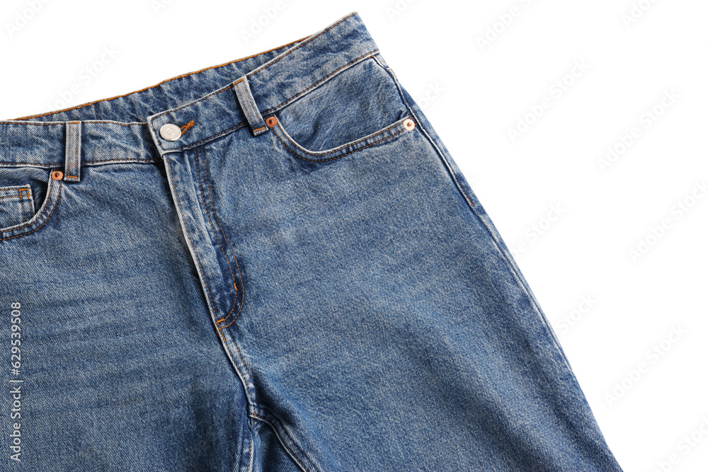 Blue jeans isolated on white, top view. Stylish clothes Blue jeans isolated on white, top view. Stylish clothes