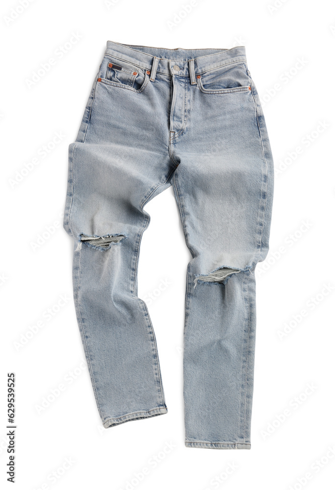 Rumpled light blue jeans isolated on white, top view. Stylish clothes Rumpled light blue jeans isolated on white, top view. Stylish clothes