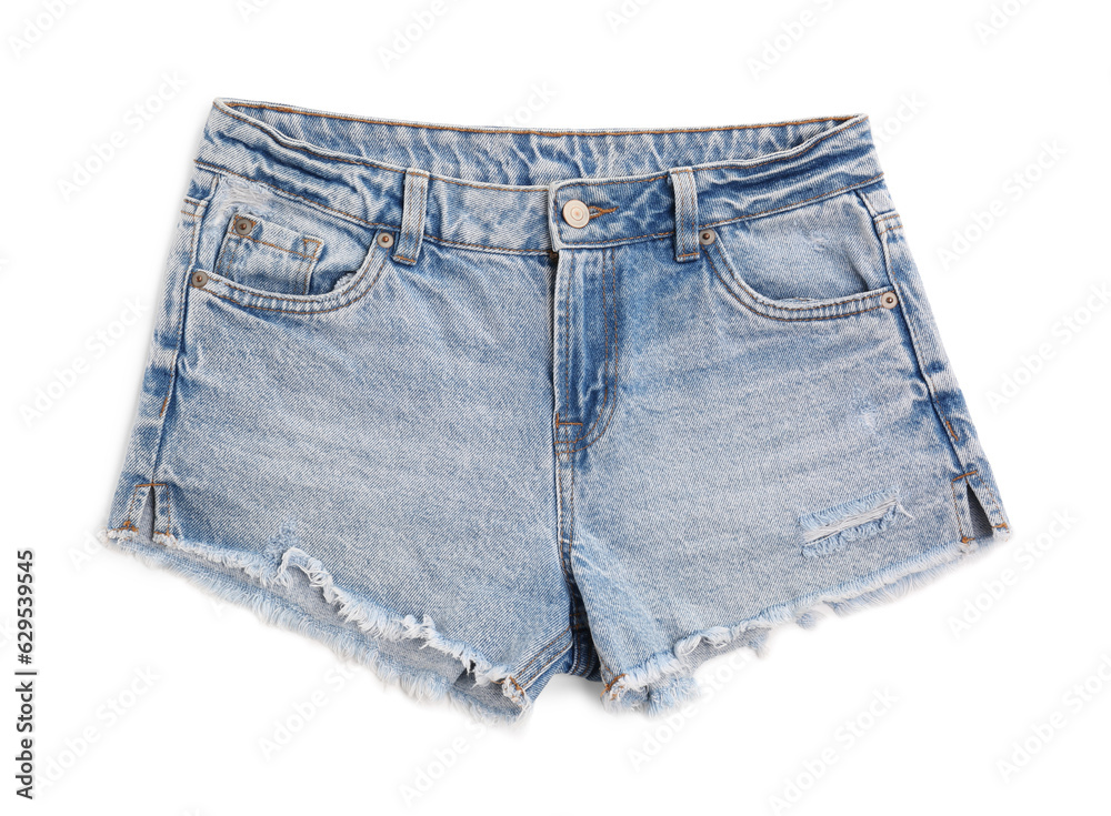 Light blue jean shorts isolated on white, top view. Stylish clothes Light blue jean shorts isolated on white, top view. Stylish clothes