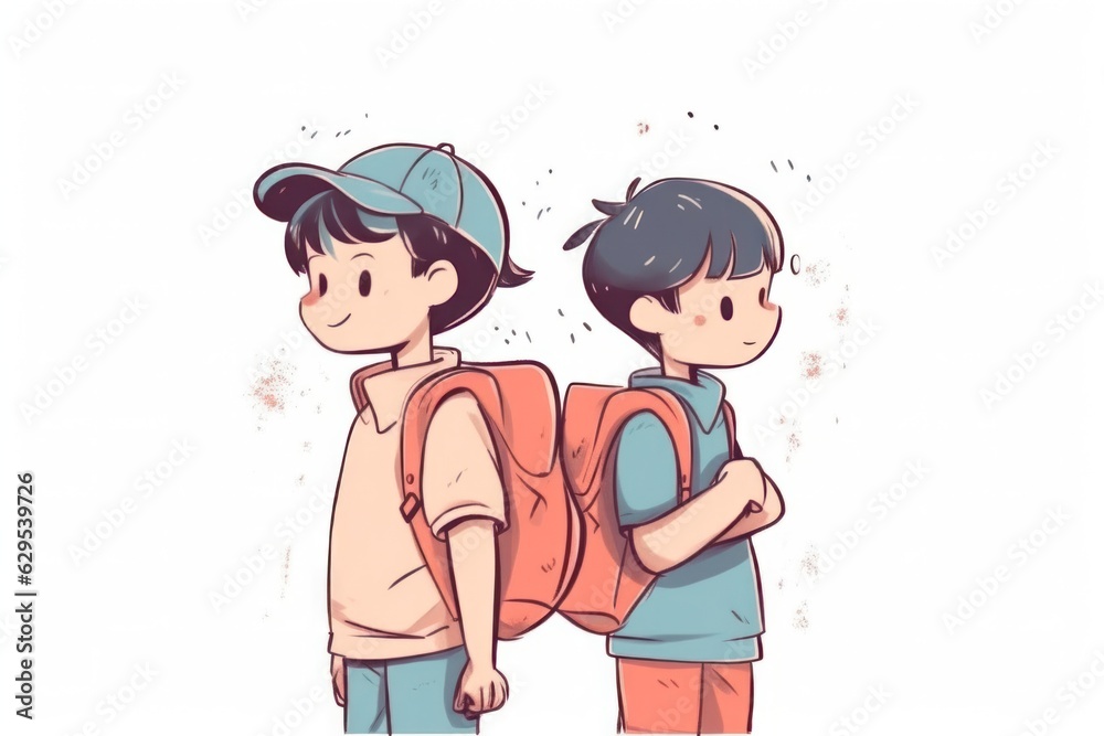 two schoolboy friends with backpacks on a light background. back to school.illustration for children's book two schoolboy friends with backpacks on a light background. back to school.illustration for children's book