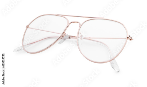 Stylish glasses with metal frame isolated on white