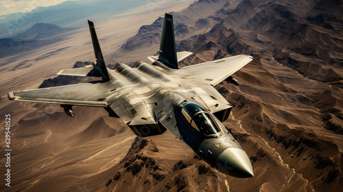 Aerial high view of a generic military fighter jet crosses over a battlefield location during a special operation